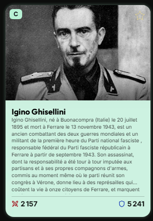 An informational card about Igino Ghisellini, a former Italian fascist militia combatant from Ferrara, born July 20, 1895 and died November 13, 1943, describing his wartime actions and assassination; shows 2,157 downvotes and 5,241 comments.