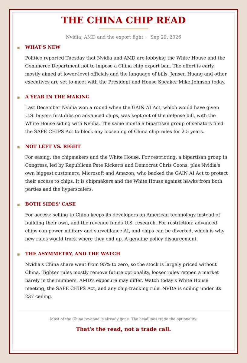 sssc's tweet photo. Nvidia and AMD are lobbying to keep China open. The twist: it's not left vs right. It's chipmakers and the White House vs bipartisan hawks and their own biggest customers. And Nvidia's China share is already near zero. Card's got it.

$SPY $QQQ $NVDA $AMD $MSFT $AMZN $TSM https://t.co/tSrc5Bc0KM