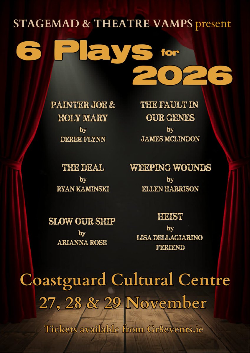 Stagemad3's tweet photo. Stagemad celebrate 21 years this year. We are delighted to announce our 6 Plays For 2026. The plays will take to the stage Fri 27th Sat 28th and Sunday 29th November 8pm Early booking advised at https://t.co/fcfQ29Pd8x https://t.co/n8FrPQQdVi