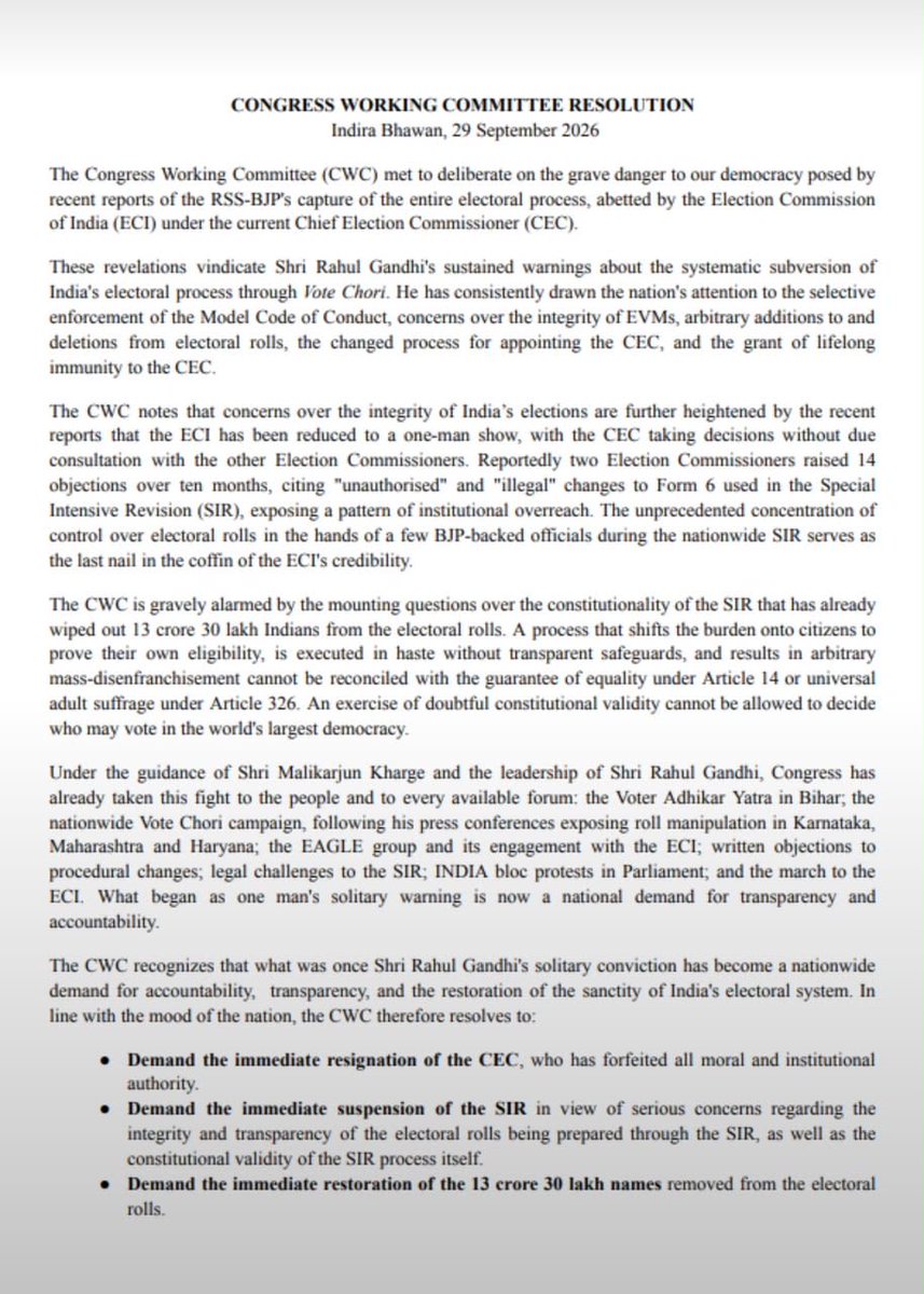 RajaBrar_INC's tweet photo. I congratulate @RahulGandhi ji for turning the “Vote Chori” campaign into a sustained fight for electoral accountability and democratic rights. For the past 18 months, he has consistently raised concerns over electoral rolls and presented evidence alleging serious irregularities in the electoral process.

The Congress Working Committee, in its meeting, has now taken a clear stand and resolved to demand:

• Immediate resignation of CEC Gyanesh Kumar
• Immediate suspension of the SIR
• Immediate restoration of the 13.80 crore voters that have been removed from the electoral rolls.

@INCIndia is committed to protecting the sanctity of every vote, defending every citizen’s right to vote, and safeguarding the integrity of India’s democracy.