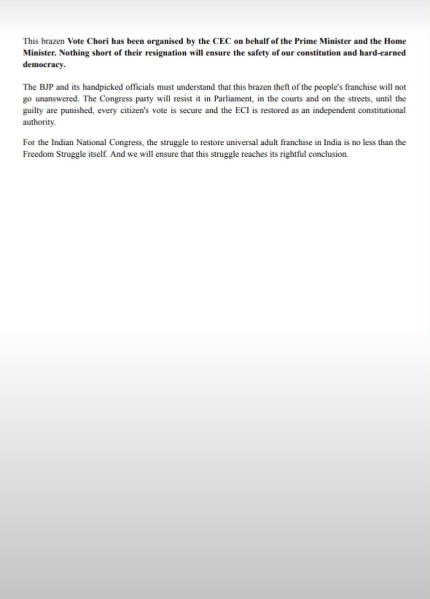 RajaBrar_INC's tweet photo. I congratulate @RahulGandhi ji for turning the “Vote Chori” campaign into a sustained fight for electoral accountability and democratic rights. For the past 18 months, he has consistently raised concerns over electoral rolls and presented evidence alleging serious irregularities in the electoral process.

The Congress Working Committee, in its meeting, has now taken a clear stand and resolved to demand:

• Immediate resignation of CEC Gyanesh Kumar
• Immediate suspension of the SIR
• Immediate restoration of the 13.80 crore voters that have been removed from the electoral rolls.

@INCIndia is committed to protecting the sanctity of every vote, defending every citizen’s right to vote, and safeguarding the integrity of India’s democracy.