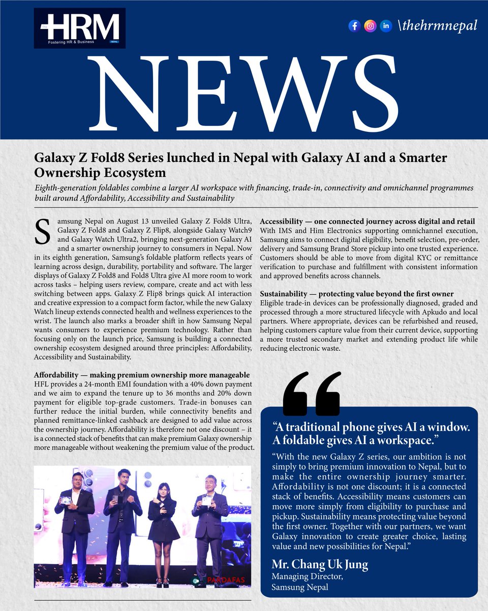theHRMNepal's tweet photo. NEWS:
Galaxy Z Fold8 Series lunched in Nepal with Galaxy AI and a Smarter Ownership Ecosystem
#SamsungNepal #GalaxyZFold8 #GalaxyZFlip8 #GalaxyAI #GalaxyWatch8 #SamsungGalaxy #FoldableTechnology #AIInnovation #TechNews #TechInNepal #NepalTech #SmartTechnology #theHRMNepal https://t.co/Bw9fiVMrXT