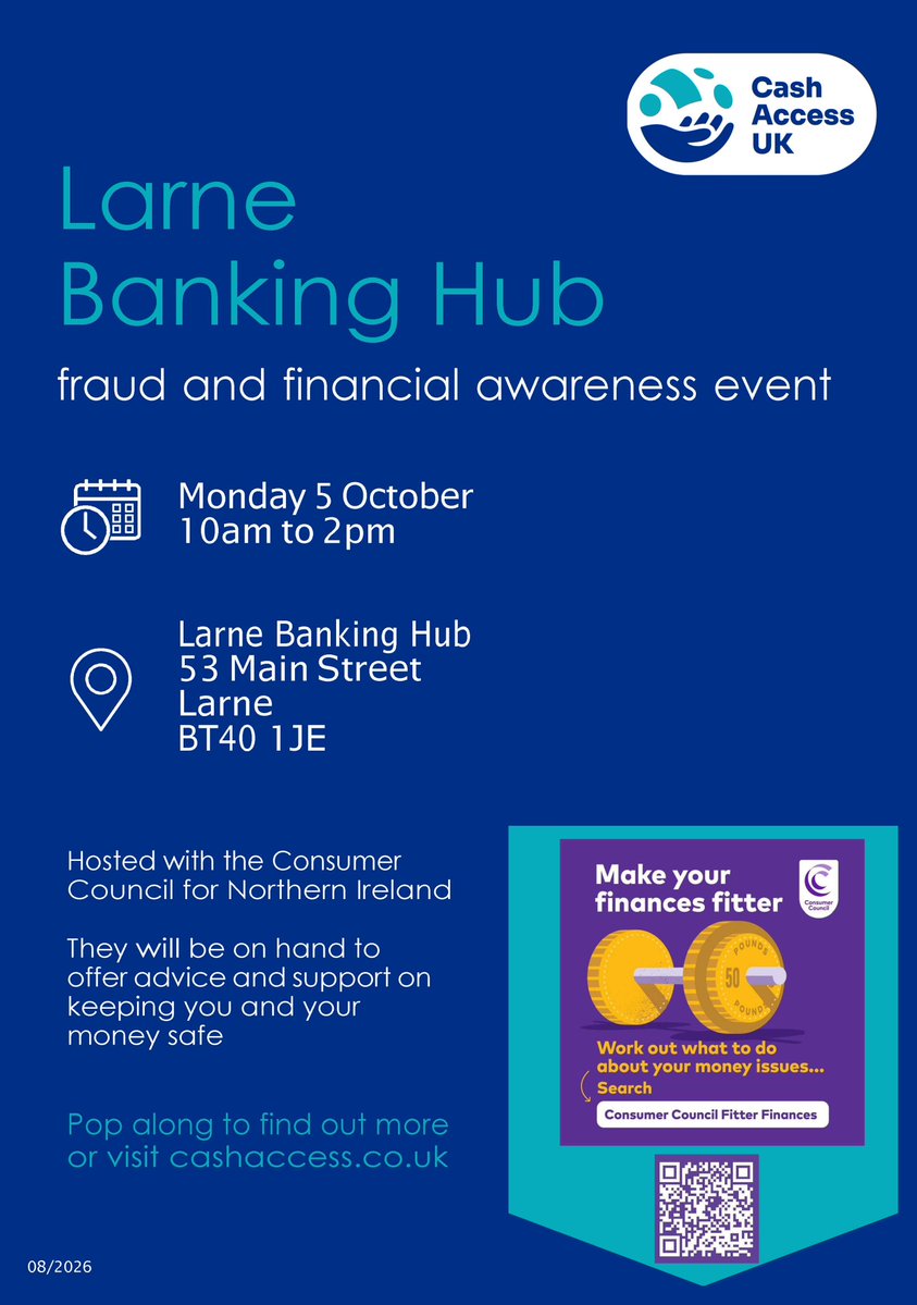 ConsumerCouncil's tweet photo. 📢If you would like to find out more about how the Larne banking hub works and the services available, pop in on Monday.

The @CashAccessUK  team will be at the hub between 10am and 2pm to answer your questions.

We will also be at the session, sharing information about financial tools and services as part of our Make your finances fitter campaign.

The banking hub in Larne is located at 53 Main Street.

Further info on banking hubs https://t.co/tuihluyptq 

Find out more about our campaign   https://t.co/4zZZI3Db1r
