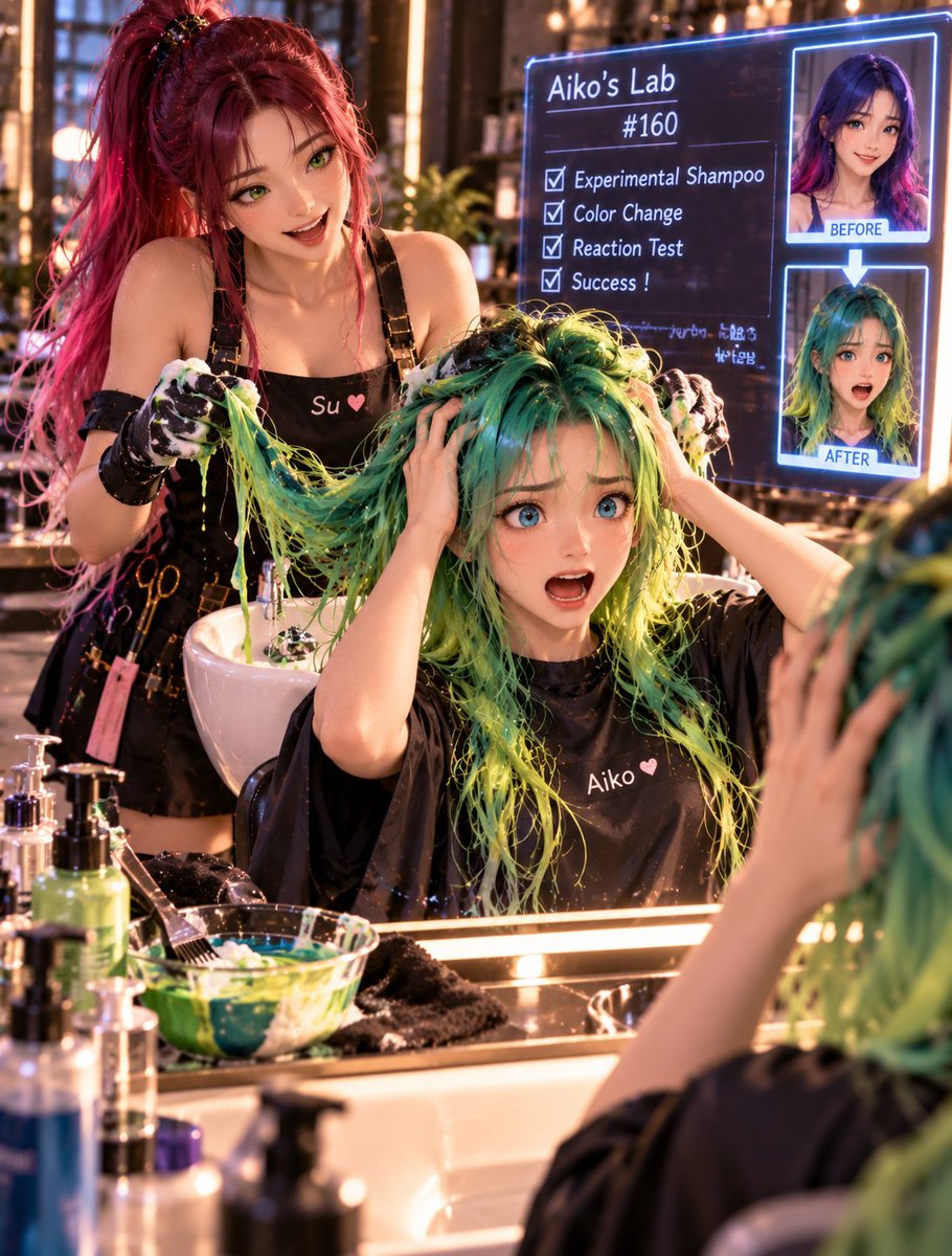 AikoLinLab's tweet photo. 🧪 EXPERIMENT #160

Su: “Don’t worry, it’s just shampoo.” 💚

Aiko, thirty seconds later:
“WHY IS MY HAIR GREEN?! 😱”

Technically, the experiment was a complete success. 😂

#AikosLab #AikoLin #SuRan #HairExperiment #AIArt https://t.co/9XulyHKnJQ