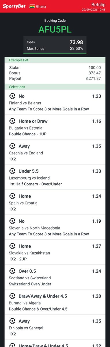 albert_baf48587's tweet photo. Today's Research Ticket 🎯

Booking Code: AFU5PL - SportyBet Ghana
19 Selections | 73.98 Odds
Stake: 100 GHS

Full breakdown in my Facebook Event tonight 8PM!

Link: https://t.co/33AEaVs9QZ

18+ | Gamble Responsibly
#SportyBet #AlbertoWins

[Attach your slip image] https://t.co/Sr3P37Jbnj