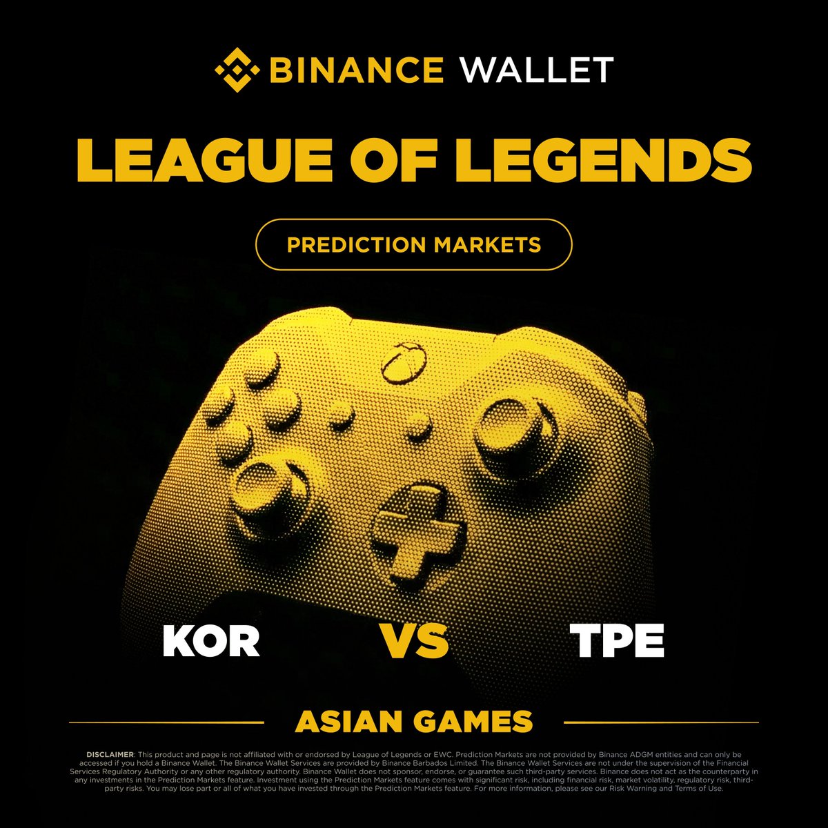 BinanceWallet's tweet photo. 🏆 LOL Asian Games Prediction Markets are now live on Binance Wallet!

🔥 KOR vs TPE 

Analyze the matches, assess the markets, and trade your views. https://t.co/dwPyYaMR7M