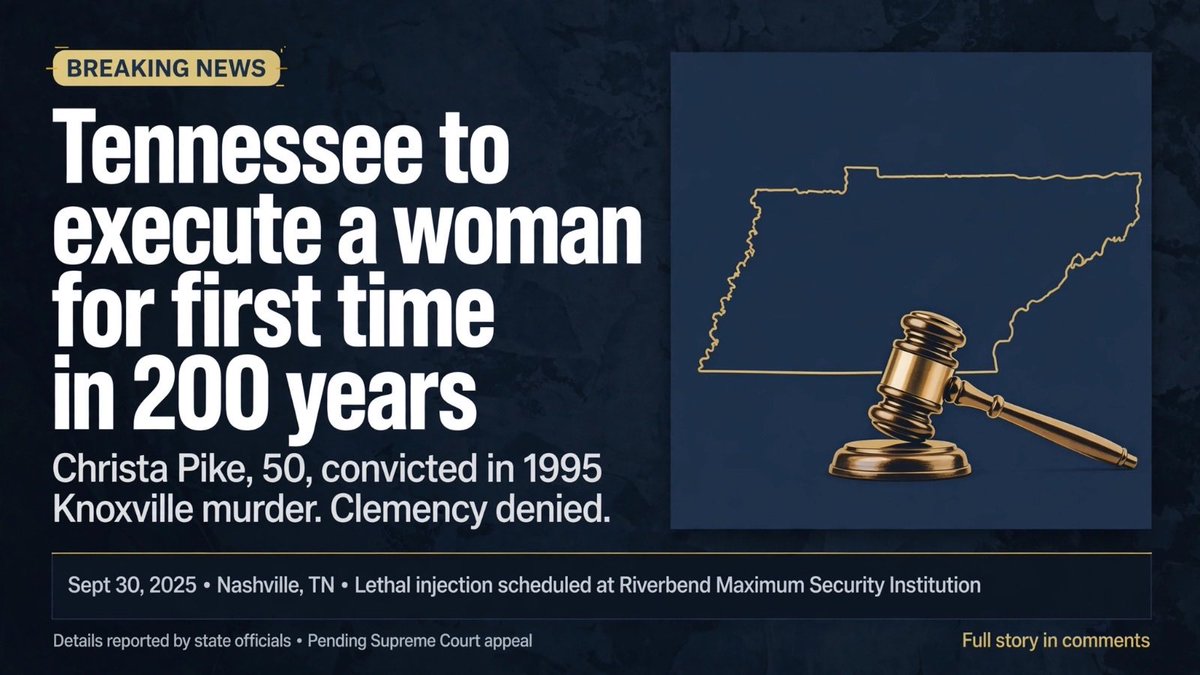 MJabar38087159's tweet photo. BREAKING: Tennessee will execute a woman for the first time in 200 years. 

Christa Pike was 18 when convicted in 1995. Now 50, clemency was denied.

The full details, victim statement, and what her lawyers told SCOTUS are here:
👉 https://t.co/Ucj2CCV9DT

#News
#USNews https://t.co/dsTFc3s7ks