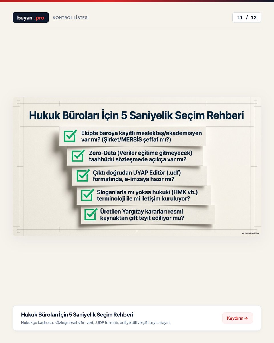 beyan_pro's tweet photo. 10. Hukuk Büroları İçin 5 Saniyelik Rehber

Yapay zekâ seçerken 5 kritik soru:
1. Kadroda baro/akademisyen var mı?
2. Sözleşmede Zero-Data taahhüdü var mı?
3. Çıktı doğrudan .udf formatında mı?
4. Jenerik slogan mı, HMK usul dili mi?
5. Yargıtay künyesi çift teyitli mi? https://t.co/9IHULazkRi
