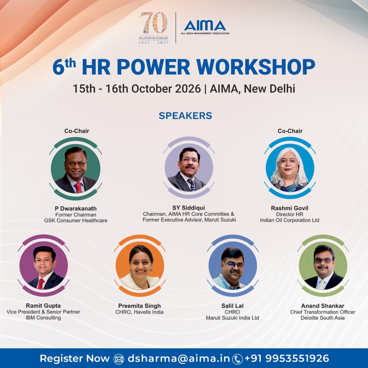 aimaindia's tweet photo. AIMA’s 6th HR Power Workshop, 15–16 October, New Delhi, brings together HR leaders to explore future skills, GenAI, HR tech &amp; leadership.

Hear from SY Siddiqui, P Dwarakanath, @DirHR_ioc, Ramit Gupta, Preemita Singh, Salil Lal &amp; Anand Shankar.

Register now- dsharma@aima.in https://t.co/cAkgFuZpqv