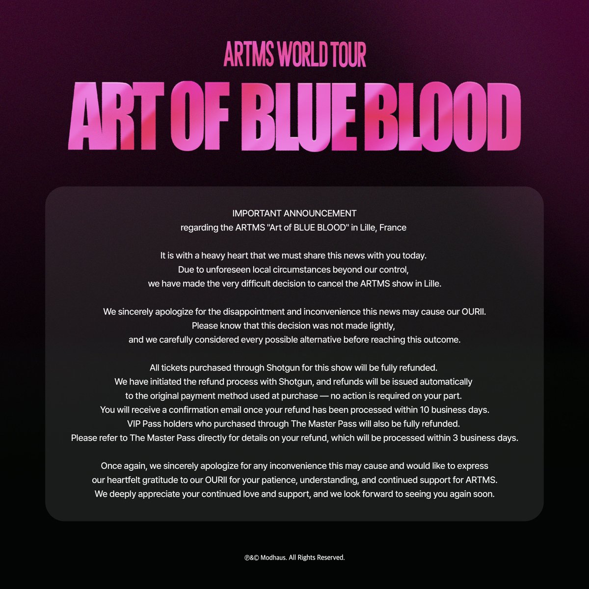 official_artms's tweet photo. ARTMS World Tour <Art of BLUE BLOOD> in Lille, France — Cancellation Notice

Please refer to the image for detailed information regarding the cancellation.

#ARTMS #아르테미스 #OURII
#Art_of_BLUEBLOOD https://t.co/aLih2VlOUt