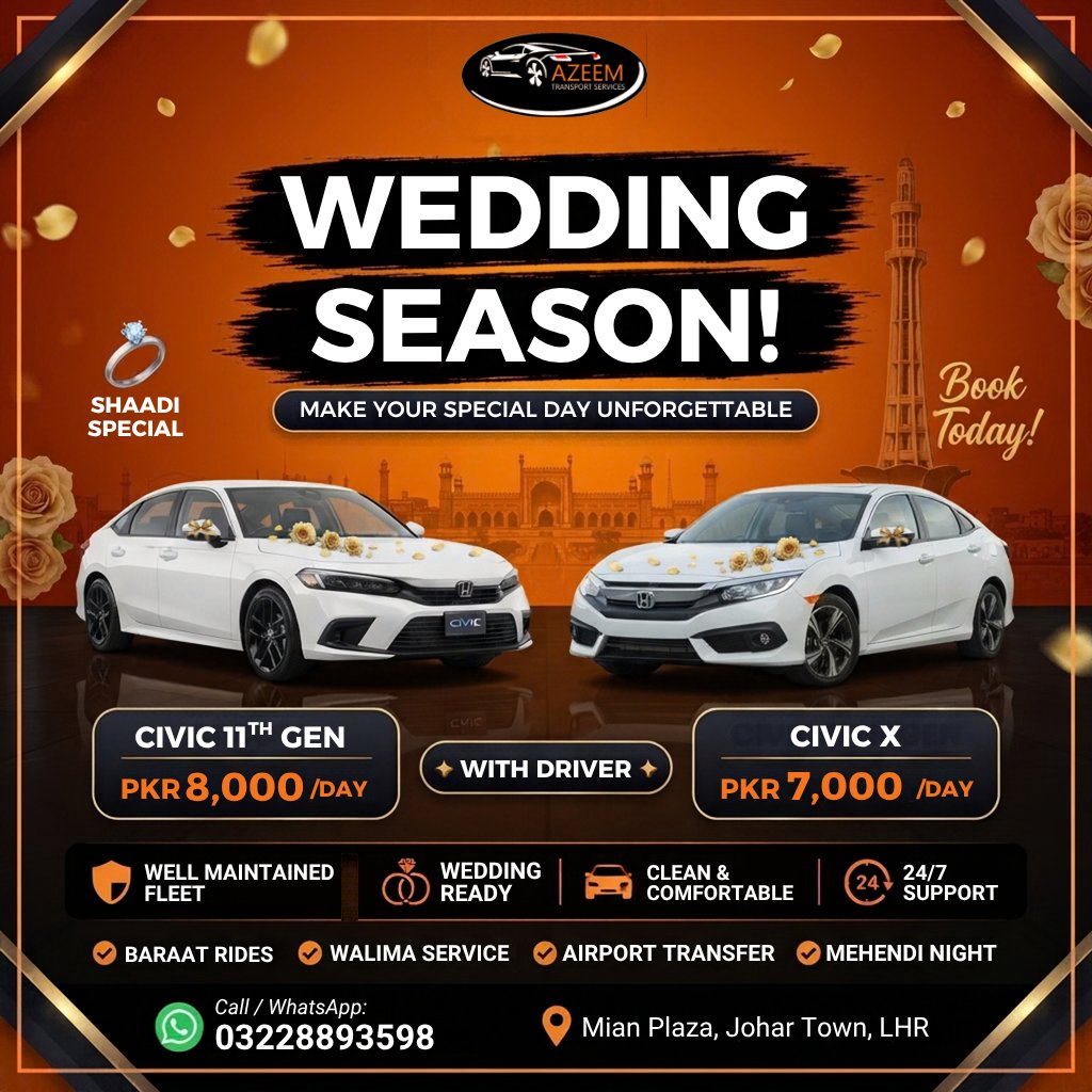 azeemrentacar02's tweet photo. 💍 Your wedding deserves the perfect ride! 🚗✨

Civic X — 7,000/Day
Civic 11th Gen — 8,000/Day
Baraat • Walima • Mehendi • Airport
With Professional Driver 🎊

📞 03228893598
📍 Johar Town, Lahore
#WeddingSeason #ShaadiBlogger #LahoreWedding  #CarRental #WeddingCar https://t.co/C6lcF91XVN
