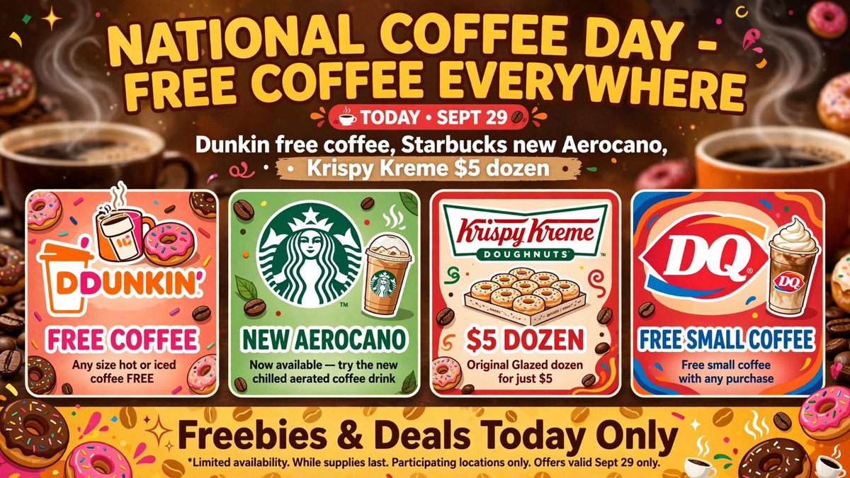 MJabar38087159's tweet photo. Starbucks, Dunkin, Krispy Kreme ALL giving free coffee today and almost no one knows 🤯

I put all promo codes + how to get them without buying anything in one place:

👉 https://t.co/PtXUp0HD0I

Valid TODAY Sept 29 only. Go before they run out!
#NationalCoffeeDay #FreeCoffee https://t.co/nSLrFeQy2E