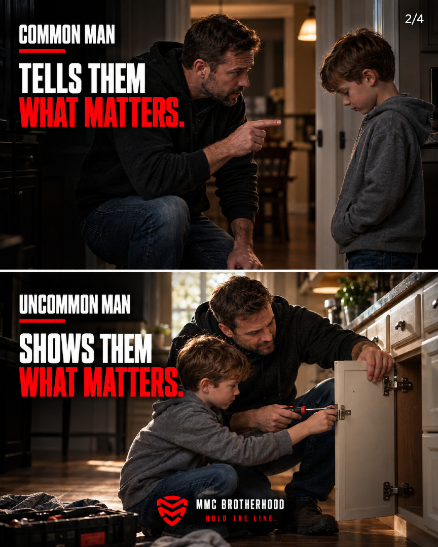MMC_Brotherhood's tweet photo. Your kids are learning from more than your advice.

They are studying what gets your attention, how you handle pressure, how you treat people, and whether your actions match your words.

Presence is part of provision.

#UncommonMan #MMCBrotherhood #HoldTheLine #Fatherhood #BePresent #LeadByExample #DadLife