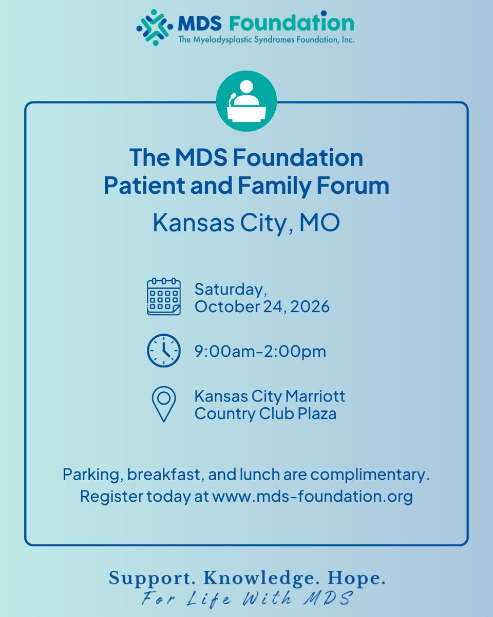 MDSFoundation's tweet photo. Connect, learn, and find support at our Patient &amp; Family Forum in Kansas City, MO.

Join us on October 24 from 9:00 AM–2:00 PM for a day created with patients, caregivers, and loved ones in mind.

Register today: https://t.co/5PsXotsWGc https://t.co/VrpvEO47pJ