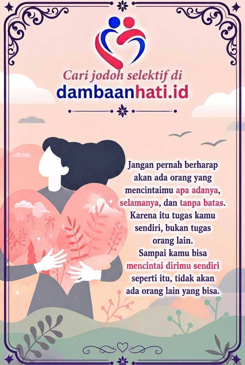 1dambaanhati's tweet photo. Cintai dirimu sendiri

https://t.co/V041JChqKe cari jodoh selektif dengan privasi yang terjaga. 

#cinta, #jodoh #carijodoh #dambaanhati #cintacarijodoh https://t.co/toVnBzGWv2