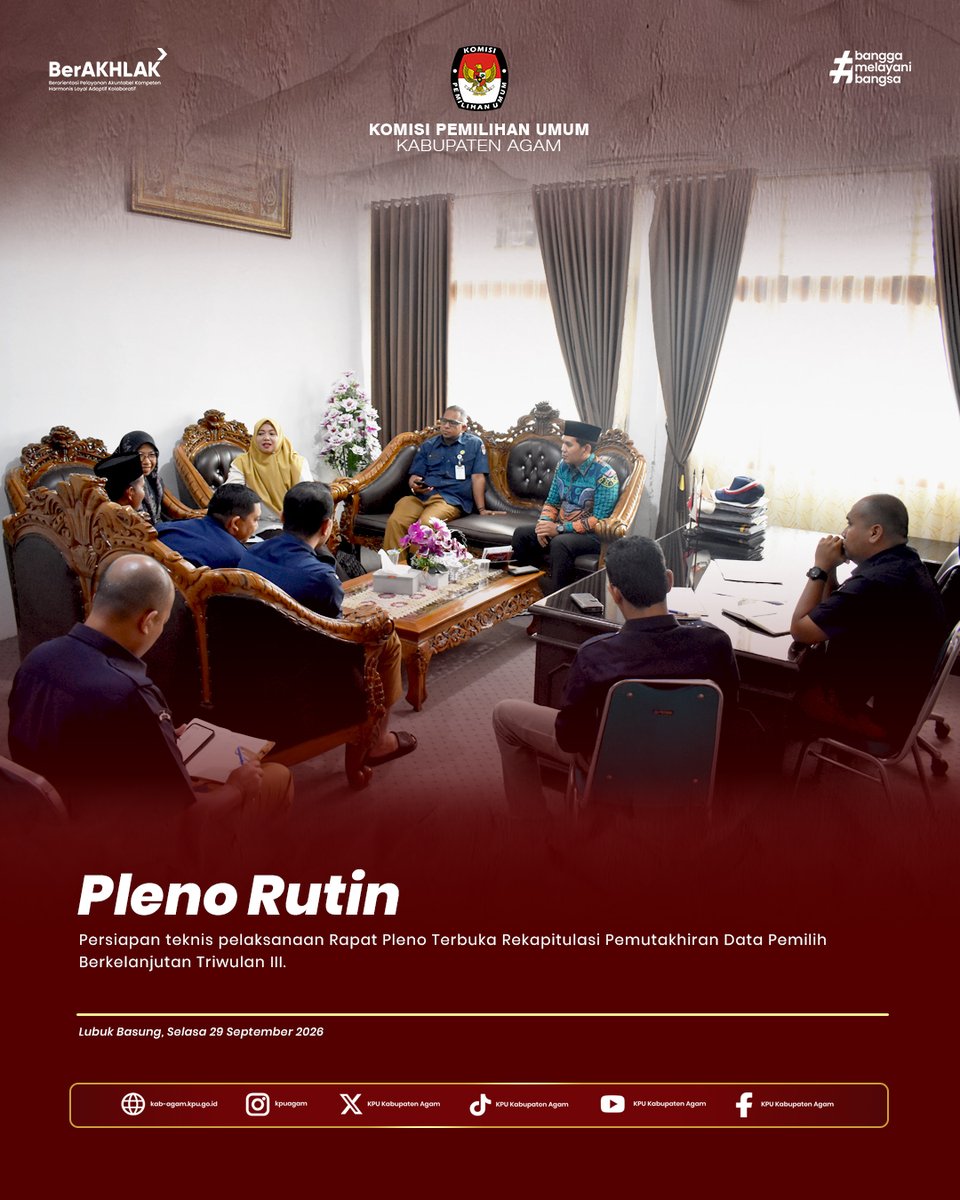 kpu_agam's tweet photo. #temanpemilih Komisi Pemilihan Umum (KPU) Kabupaten Agam menggelar rapat pleno rutin di Ruangan Ketua, Kantor KPU Kabupaten Agam, Lubuk Basung, Selasa (29/09). https://t.co/8KHlNTaDLV