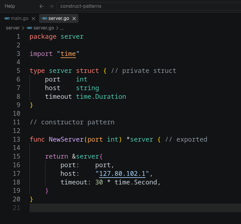 miank1_'s tweet photo. Constructor Pattern in Go.
Go doesn't have constructors like Java/C++, but we commonly use NewXxx() functions.
I created an unexported server struct and exposed only:
NewServer(port int)
Why?
Instead of letting callers worry about every initialization detail, the constructor becomes one place to handle:
• Default values
• Validation
• Configuration
• Dependencies
In my example, the caller only does:
server.NewServer(8000)
while NewServer() internally sets the host and timeout.
Remember - lowercase names in Go are package-private/unexported, so another package can't directly use server{}.

Small Go concept, but very useful when designing clean packages.
#golang