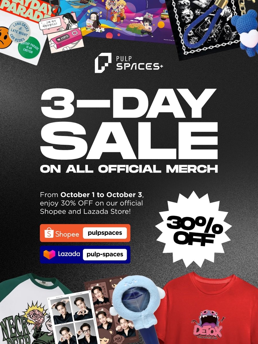 PULPSpaces's tweet photo. 🚨 𝐏𝐔𝐋𝐏 𝐒𝐩𝐚𝐜𝐞𝐬+ 𝟑-𝐃𝐀𝐘𝐒 𝟑𝟎% 𝐎𝐅𝐅 𝐒𝐀𝐋𝐄 🚨

Yes! you read it right it’s time to add space to your cart because we’re welcoming October with a sale! 🛍🎉

To check our available official merchandise and new drops, follow our official store on Shopee and Lazada. https://t.co/aEFhdAYK3Q