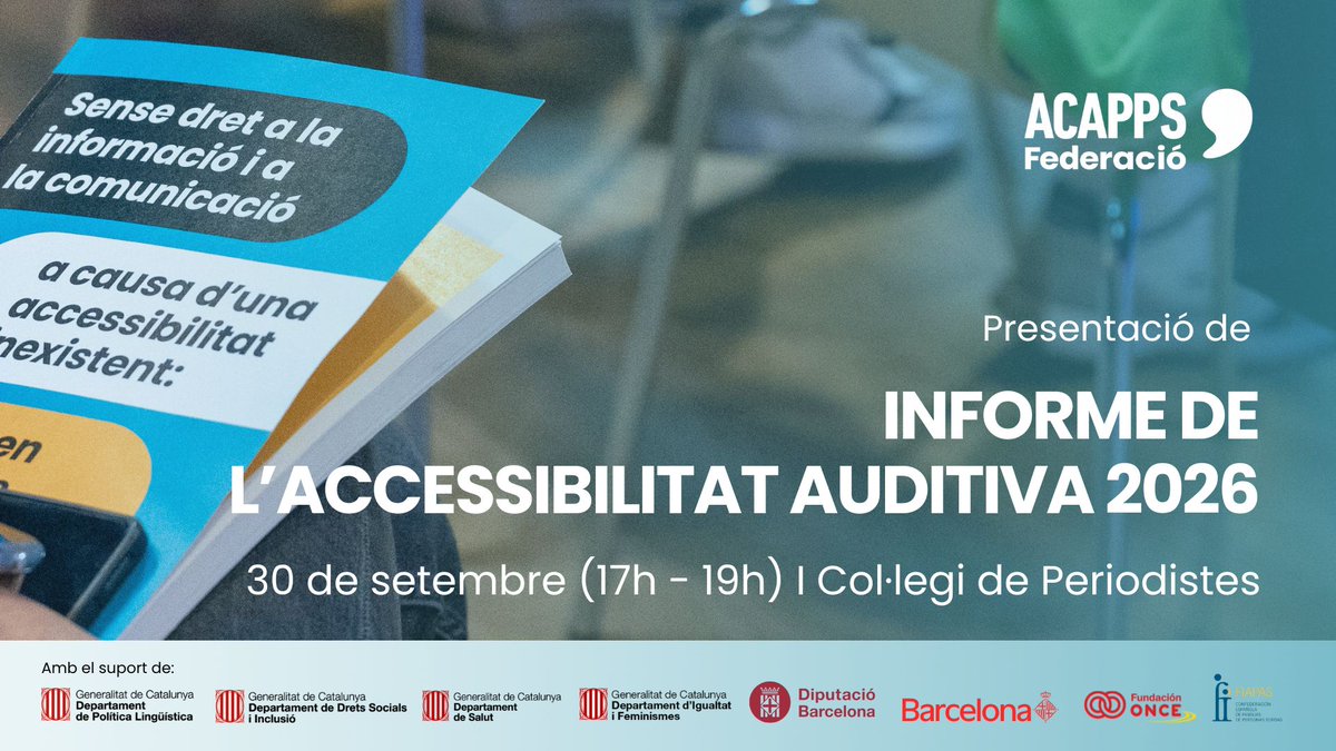 federacioacapps's tweet photo. 5 anys detectant barreres. 5 anys treballant per eliminar-les.

Demà presentem l’Informe d’Accessibilitat Auditiva 2026, que recull l’experiència del servei de la @federacioacapps durant cinc anys.

📍 Col·legi de @periodistes_cat · 17 h
👉 Inscripcions: https://t.co/aAfBPEkMQt https://t.co/rg8Whyotz2