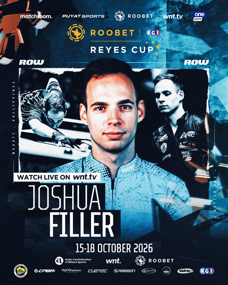 MatchroomPool's tweet photo. The Killer in Manila ๐ฅ
Joshua Filler makes his @Roobet Reyes Cup debut next month as Ralf Souquet's first Captain's Pick ๐ฉ๐ช๐คฉ
See one of the world's best live at Makati Coliseum, October 15-18. Tickets available now! ๐๏ธ
Broadcast live around the globe on WNT tv. Sign up from $10 to watch the Reyes Cup and Philippines Open this October ๐บ
#WNT | @Roobet #ReyesCup ๐