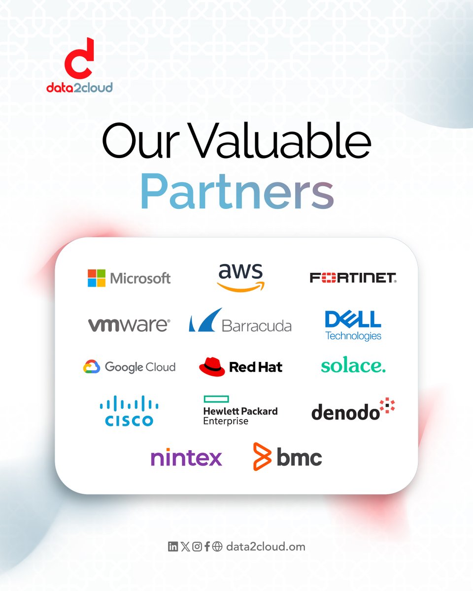 data_2_cloud's tweet photo. Strong partnerships are at the heart of what we do.
At data2cloud, we’re proud to work alongside some of the world’s leading technology companies, bringing global expertise, trusted solutions, and innovation closer to our clients.
Together, we create more possibilities, stronger solutions, and greater impact.
#data2cloud #Partners

شراكات قوية تصنع فرقاً.
في data2cloud، نفخر بشراكاتنا مع نخبة من أبرز شركات التقنية العالمية، لنقدّم لعملائنا خبرات عالمية وحلولاً موثوقة ومبتكرة تواكب تطلعاتهم.
معاً، نصنع فرصاً أكبر، وحلولاً أقوى، وأثراً يمتد إلى المستقبل.
#الشراكات