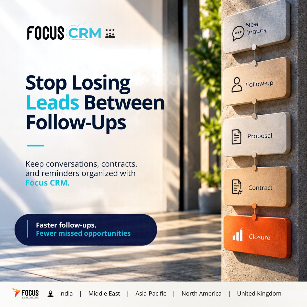 focussoftnet's tweet photo. What if following up didn’t feel like chasing? 

With Focus CRM, every lead, conversation, and next step stays connected, giving your sales team more time to focus on building relationships and turning opportunities into wins. 

Learn More : https://t.co/RXUrnPbeAS 

#FocusCRM #LeadManagement #RealEstateSales #SalesAutomation #CRM #software #MakeInIndia #swadeshi #🇮🇳