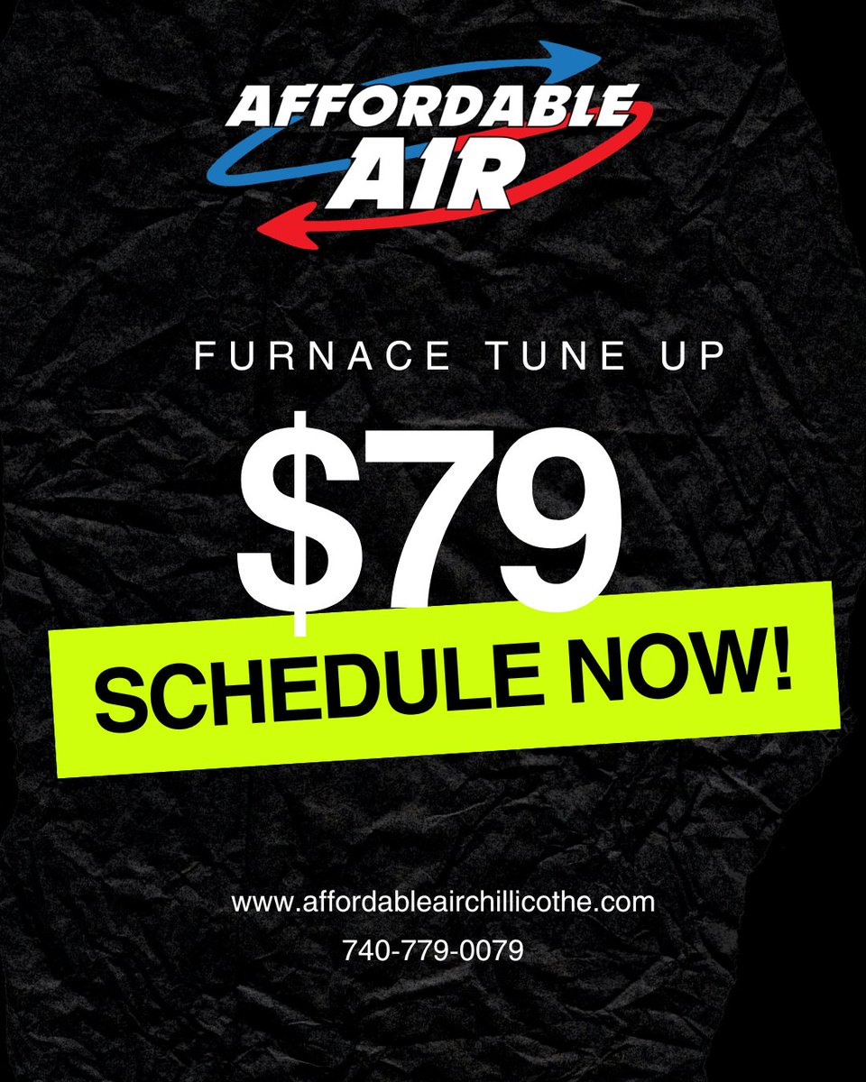 aairchilli's tweet photo. 🌡️ Is your furnace ready for sweater weather? Prepare for colder temperatures with Affordable Air’s $79 Furnace Tune-Up Special. Appointments fill fast—call 740-779-0079 or book at https://t.co/Vlb1ARrfF5 today! 🔥 #FurnaceTuneUp #ChillicotheOH https://t.co/4ixyldzCzA