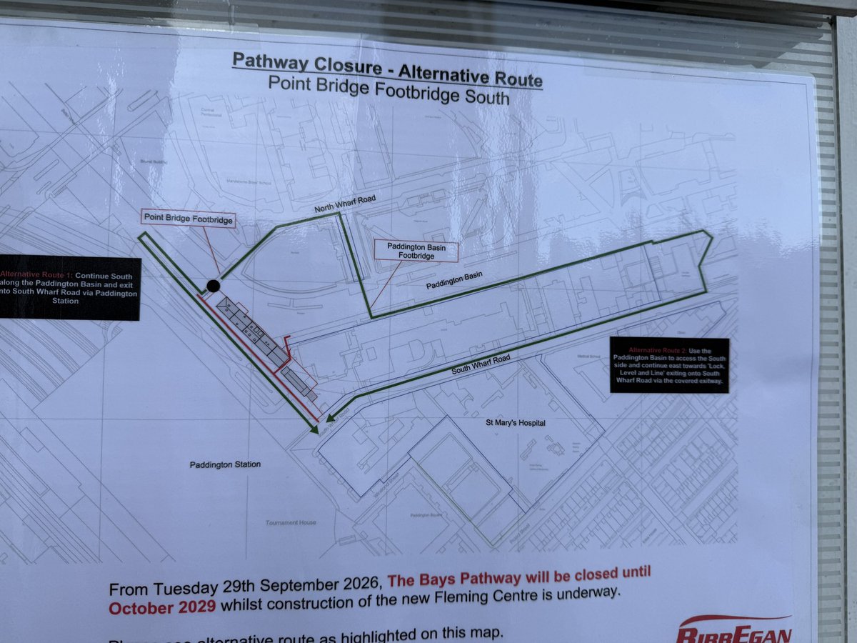 inpaddington's tweet photo. Work 🏗️ has now started to create the Fleming Centre @FlemingCentre in Paddington, a global resource for collaboration on antimicrobial resistance. Pedestrian 🚶 and cycle 🚲 diversion routes are now in place along The Bays, which will remain in place until 2029. https://t.co/5kNGuaYa3x