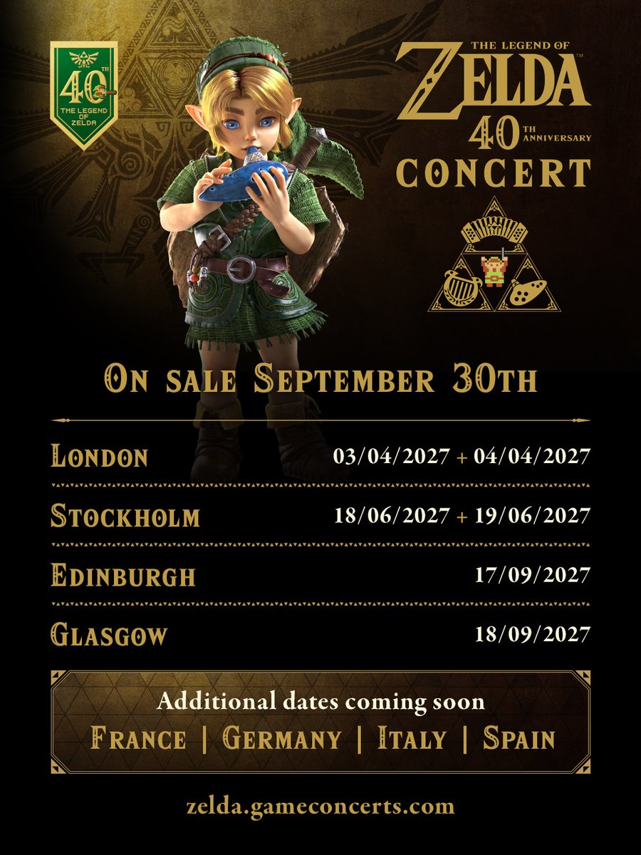 NintendoUK's tweet photo. Ticket sales for The Legend of Zelda 40th Anniversary concerts in London, Stockholm, Edinburgh and Glasgow start on 30/09 at 12:00 (UK time):

👉 https://t.co/vidbqmknhD

Concerts in France, Germany, Italy and Spain will be announced in the future. https://t.co/Fx29d6C54z