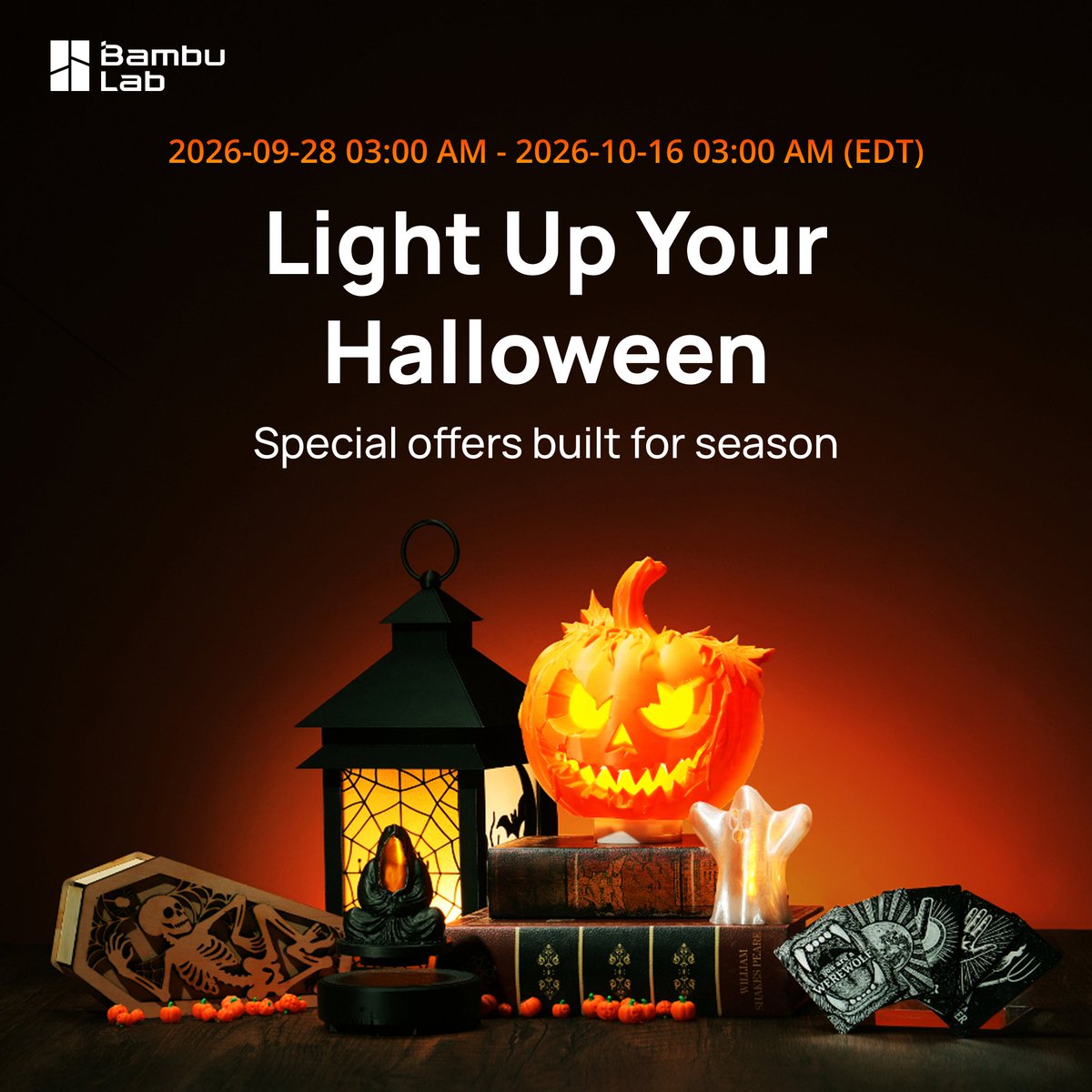 BambulabGlobal's tweet photo. Getting a head start on Halloween.

Two Halloween-exclusive bundles have escaped the workshop:
🖤 PLA Basic Jade White &amp; Black + Lamp Kit 
🎃 PLA Basic Bambu Green &amp; Pumpkin Orange + Candle Light Kit

More spooky deals hiding in the Lab -> https://t.co/taUrdM30Ou https://t.co/PwqejSkgJp