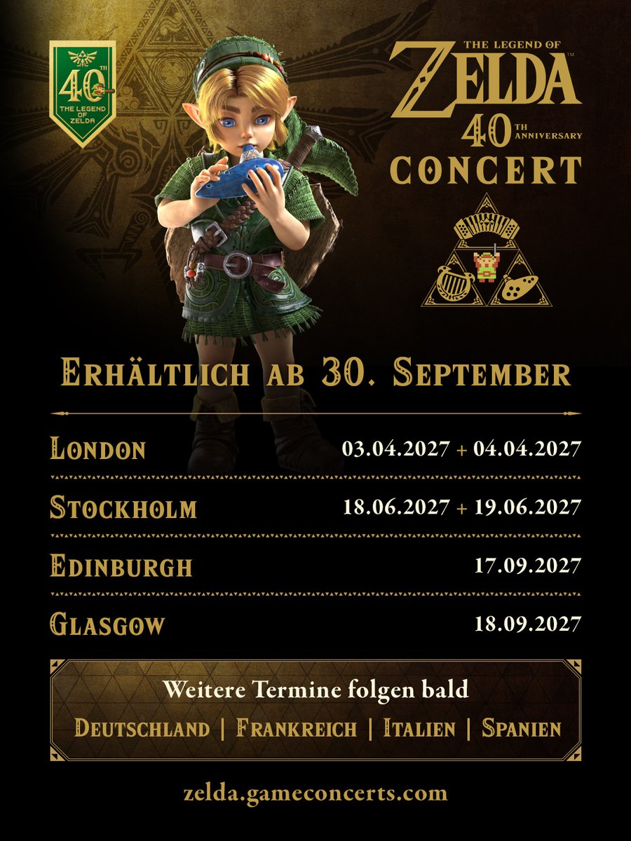 NintendoDE's tweet photo. Der Kartenverkauf für die „The Legend of Zelda 40th Anniversary“-Konzerte in London, Stockholm und Glasgow beginnt am 30.09. um 13:00 Uhr.

👉 https://t.co/CpYs7nKbYh

Konzerte in Frankreich, Deutschland, Italien und Spanien werden noch angekündigt. https://t.co/Xl7GwXcdzj
