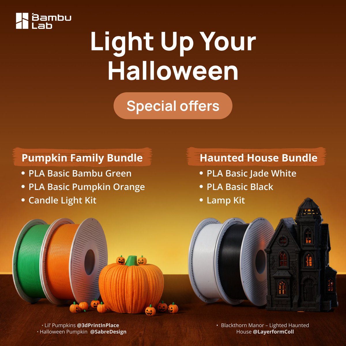 BambulabGlobal's tweet photo. Getting a head start on Halloween.

Two Halloween-exclusive bundles have escaped the workshop:
🖤 PLA Basic Jade White &amp; Black + Lamp Kit 
🎃 PLA Basic Bambu Green &amp; Pumpkin Orange + Candle Light Kit

More spooky deals hiding in the Lab -> https://t.co/taUrdM30Ou https://t.co/PwqejSkgJp
