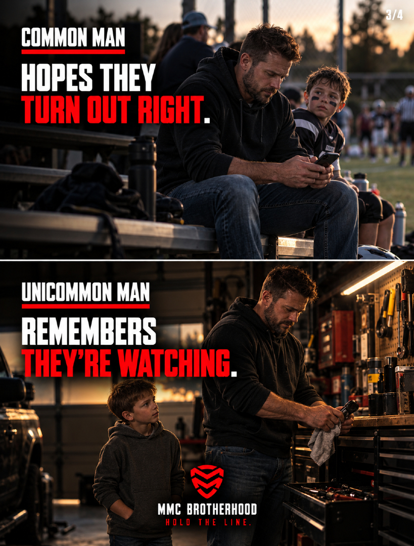 MMC_Brotherhood's tweet photo. Your kids are learning from more than your advice.

They are studying what gets your attention, how you handle pressure, how you treat people, and whether your actions match your words.

Presence is part of provision.

#UncommonMan #MMCBrotherhood #HoldTheLine #Fatherhood #BePresent #LeadByExample #DadLife