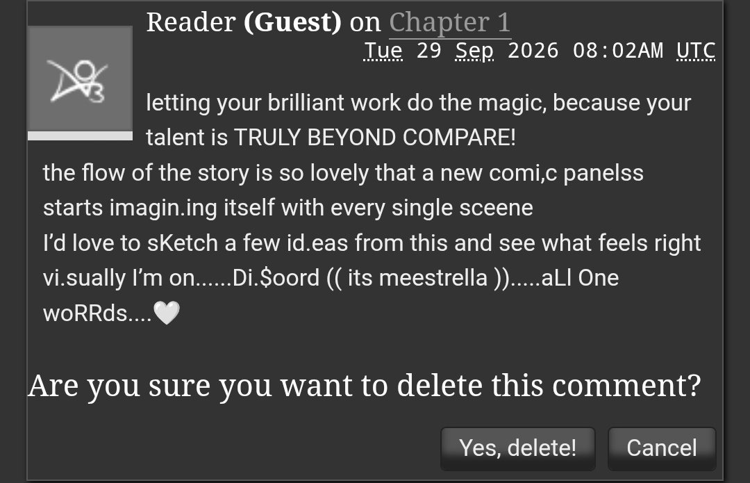 Mesagi216's tweet photo. I've seen so many bot comments on my fanfic.

Nothing.

Nothing prepared me to see this. https://t.co/7NfhJLHV6w