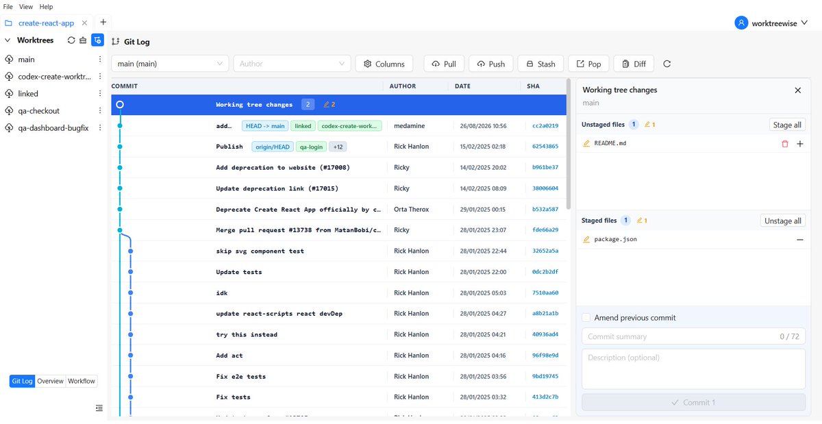 worktreewise's tweet photo. Staging files one-by-one in the terminal makes it easy to miss untracked assets. WorktreeWise lists staged and unstaged files side-by-side in a dedicated commit workspace.

https://t.co/4KQCwMhkLe
#Git #CodeReview #Programming #WebDev https://t.co/efiZ6cm8e4