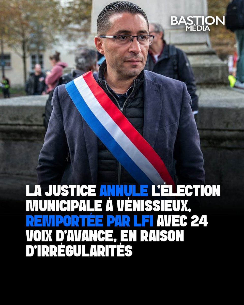 BastionMediaFR's tweet photo. 🔴🇫🇷 𝗙𝗟𝗔𝗦𝗛 𝗜𝗡𝗙𝗢 — La justice annule l’élection municipale à Vénissieux, remportée par le candidat LFI Idir Boumertit avec seulement 24 voix d’avance sur la maire PCF sortante.

Le tribunal administratif de Lyon a décidé d’annuler le scrutin en raison d’irrégularités susceptibles d’avoir faussé les résultats du premier tour.

Ces irrégularités concernent des suspicions d’inscriptions frauduleuses sur les listes électorales liées à la liste de Quentin Taïeb.

(Source : Le Figaro)