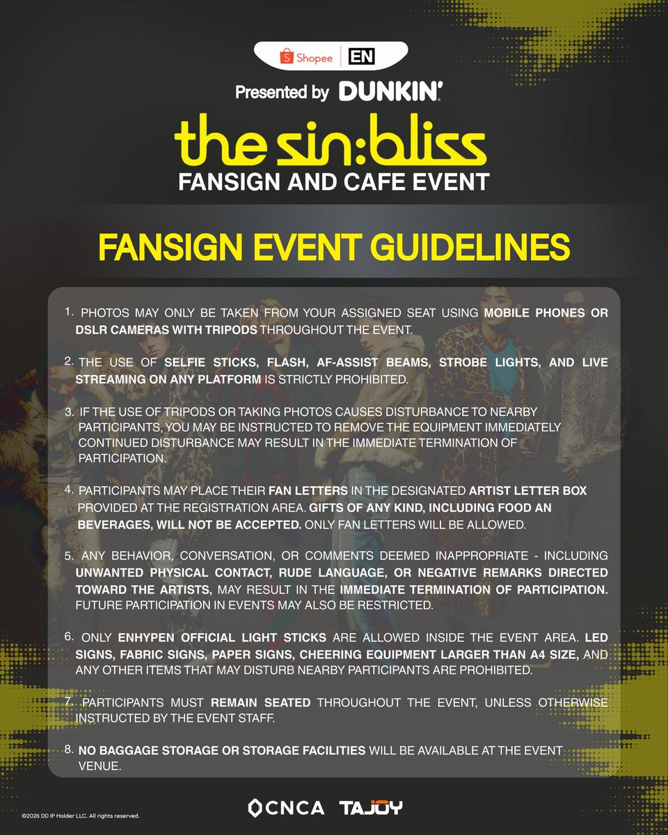 cnca_media's tweet photo. ENGENEs, this is your sign to get ready! 🖤

The countdown to ENHYPEN “THE SIN : BLISS” Fansign and Cafe Event in Manila is on! ✨

#CNCA #ENHYPEN_in_MNL #ShopeePH_with_ENHYPEN #Dunkin_with_ENHYPEN #ENHYPEN https://t.co/lwDN5T7iya