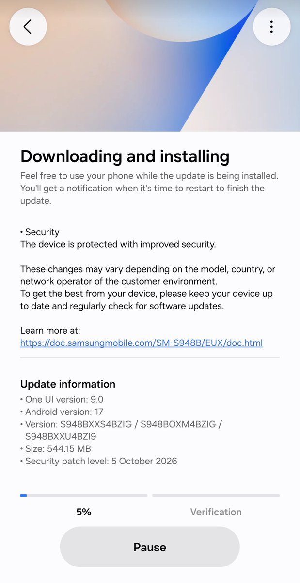 Mohammed_K_2010's tweet photo. Breaking‼️

One UI 9-based October 2026 security patch for Galaxy S26 series live in Europe shortly after the One UI 9 rollout 🔥🇪🇺

💡 S948BXXS4BZIG/S948BOXM4BZIG/S948BXXU4BZI9

Ig they released this instantly to serve as bug fix for the previous update to prevent major issues https://t.co/pN2ekH1h7k