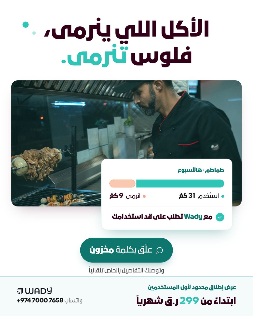 trywady's tweet photo. الأكل اللي ينرمى... فلوس تنرمى.

في أسبوع واحد: 31 كغ استخدمتها و9 كغ انرمت بسبب التقدير العشوائي.
Wady يربط مشترياتك بالاستهلاك الفعلي.

عرض الإطلاق لمطاعم قطر يبدأ من 299 ر.ق/شهر.

علّق مخزون أو STOCK للتفاصيل
#Wady #مطاعم_قطر https://t.co/ONtg76vIY6