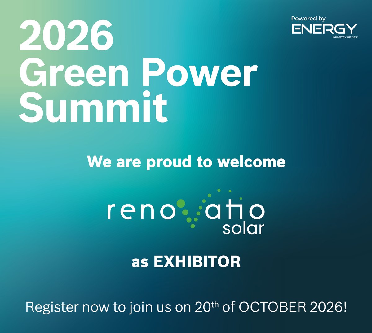 EnergyInReview's tweet photo. Renovatio Solar SRL joins Green Power Summit 2026 as EXHIBITOR.

Get your ticket here: https://t.co/Z50yTFCsXu https://t.co/7D9RbwoerH