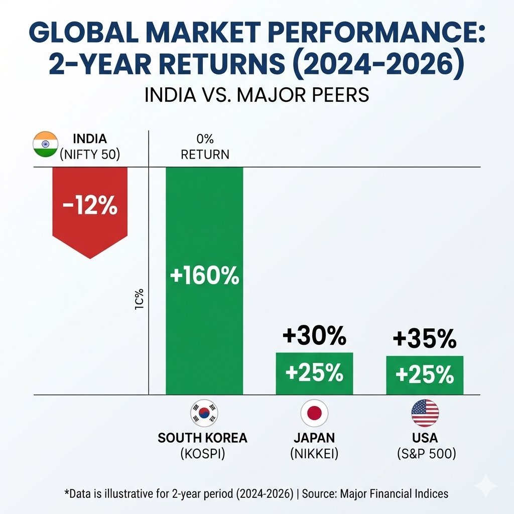 twitt_banerjee's tweet photo. Global Markets Are Rebounding, But India Is Lagging Behind 📉🌏

 The data from the past two years (2024–2026) shows a massive shift in global capital. While several major global indices have seen impressive rallies
#niftycrash #indianstockmarket https://t.co/eCL6FBWyKq