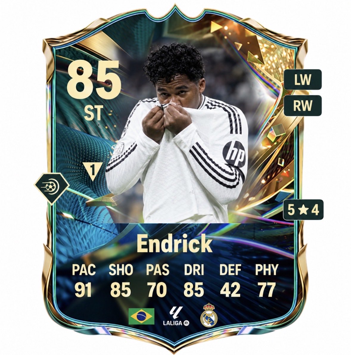 FUTexclusive27's tweet photo. 🇧🇷 ENDRICK 🇧🇷

Coming soon 👀🔥 Endrick is set to arrive as a special 85-rated ST card, available through an 80K Gallery Points SBC!

⚡ 91 PAC | 85 SHO | 85 DRI
⭐ 5★ Skills | 4★ Weak Foot
🇧🇷 Brazilian flair with LW &amp; RW position options.

Get those Gallery Points ready… 🏆 https://t.co/md2HeVfRqH