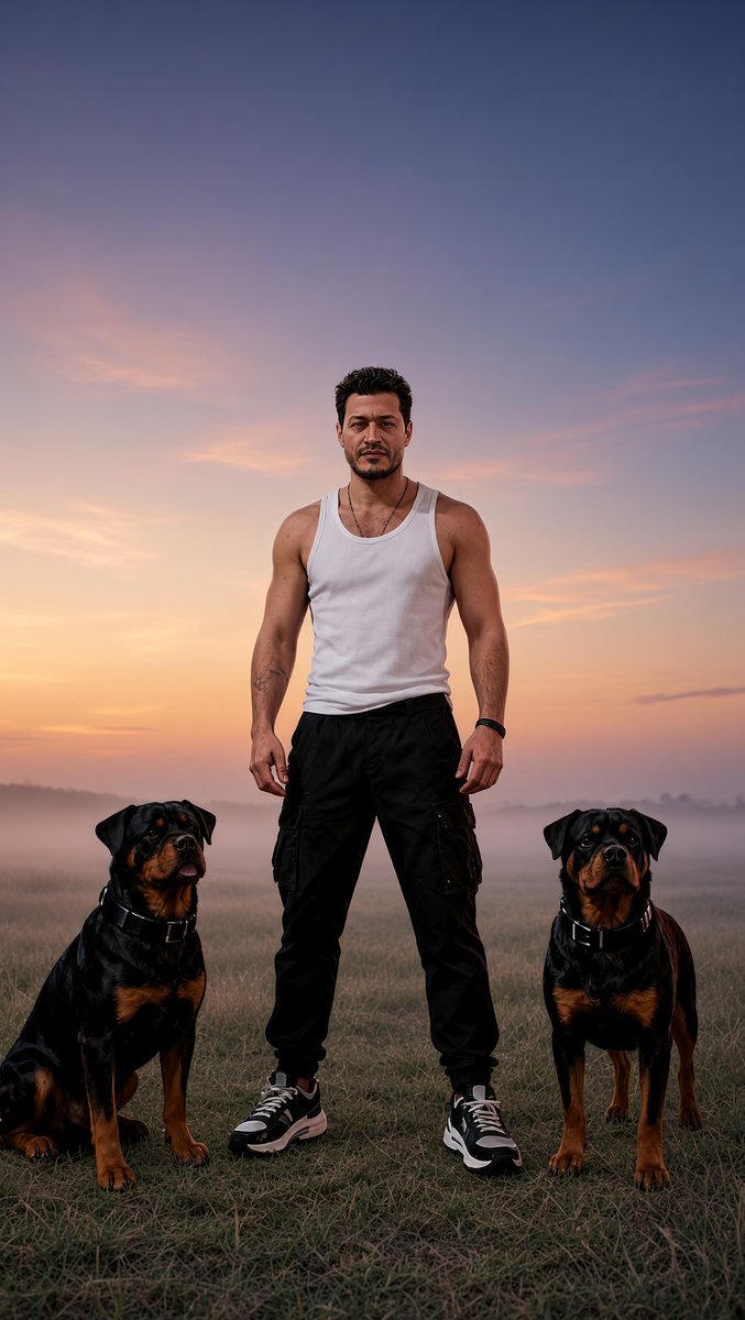 A confident, muscular man in a white tank top and black cargo pants stands protectively between two Rottweilers in an open field at sunset, exuding the loyal, guardian energy the caption suggests with his loyal companions flanking him on either side.