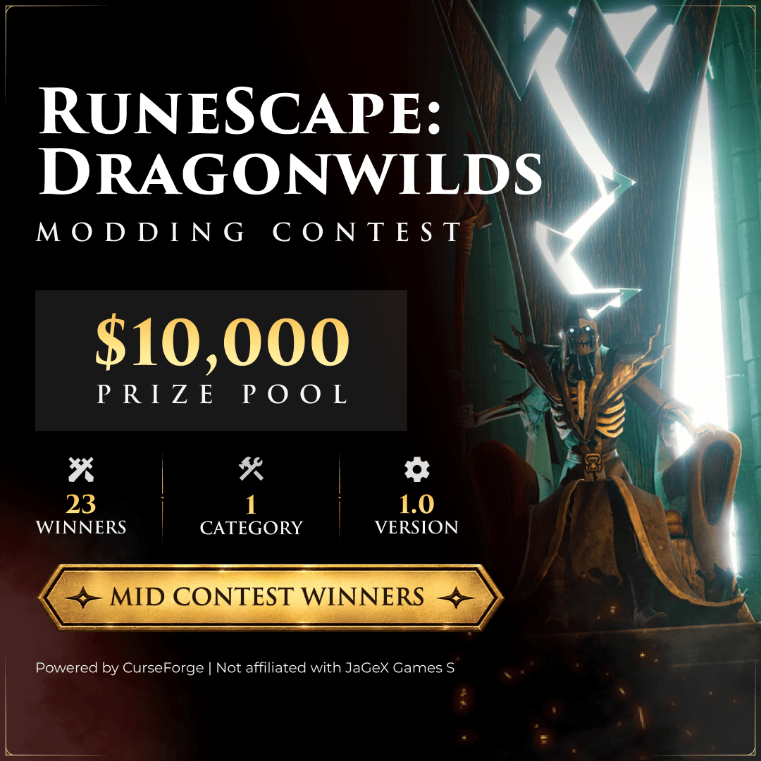 CurseForge's tweet photo. We’re halfway through the Runescape: Dragonwilds $10,000 Mod Contest, which means it’s time to announce the mid-contest winners!

These 10 winners each take home $100 for their early submissions to the contest 🏆 Congratulations to you all!

You can check them all out at our contest site, and make sure to submit your mod before October 13 for a chance to win a grand prize: https://t.co/UxY4df1KVG