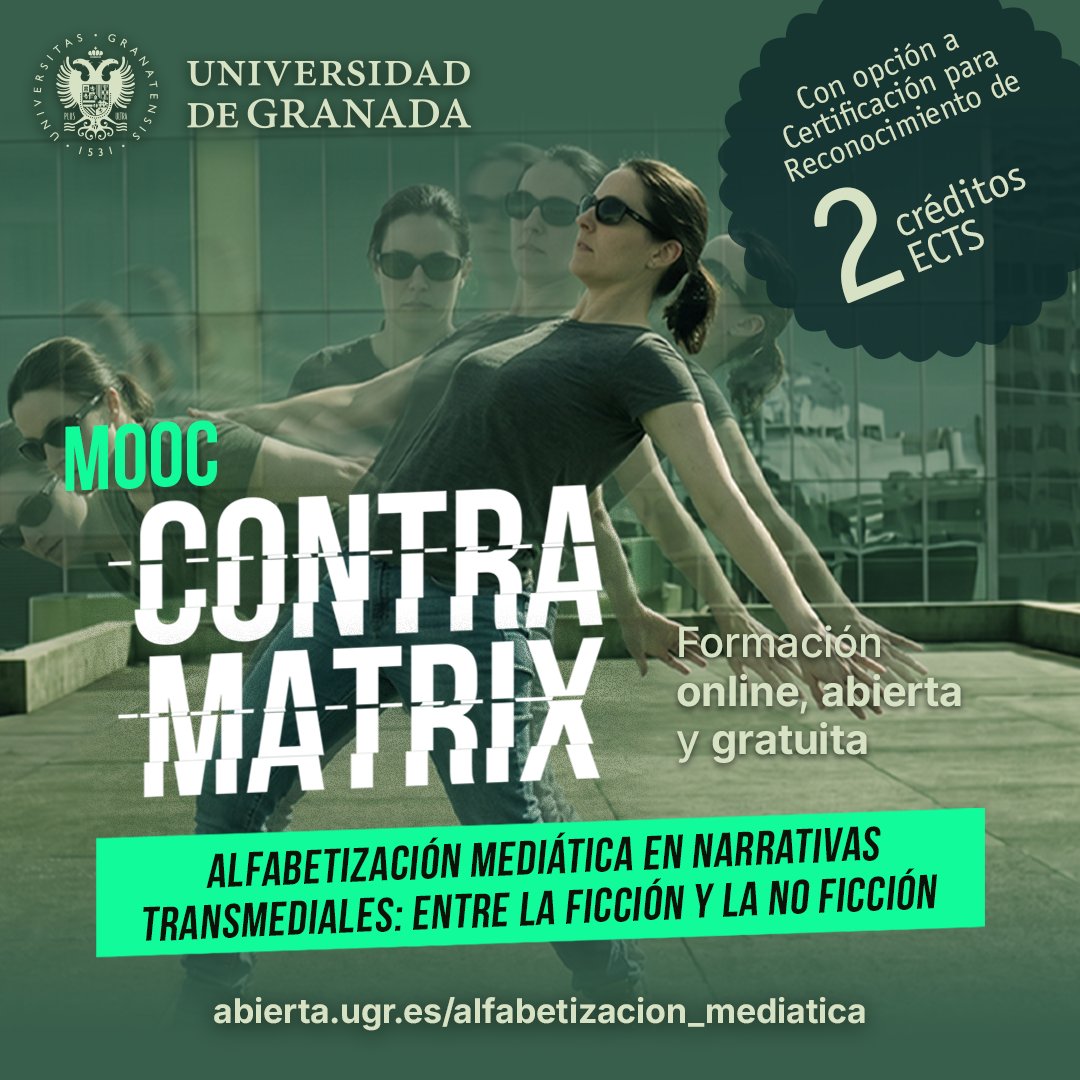 abiertaUGR's tweet photo. 🎬 ¡Descodifica las narrativas digitales!
✍️ Abierto el plazo de matrícula para el #MOOC sobre Alfabetización Mediática en Narrativas Transmediales
💻 Formación gratuita y 100% online
🎓 2 créditos ECTS
➡️ Inscríbete en https://t.co/Bhbk4dV7Uh https://t.co/ul1jDbdIXG