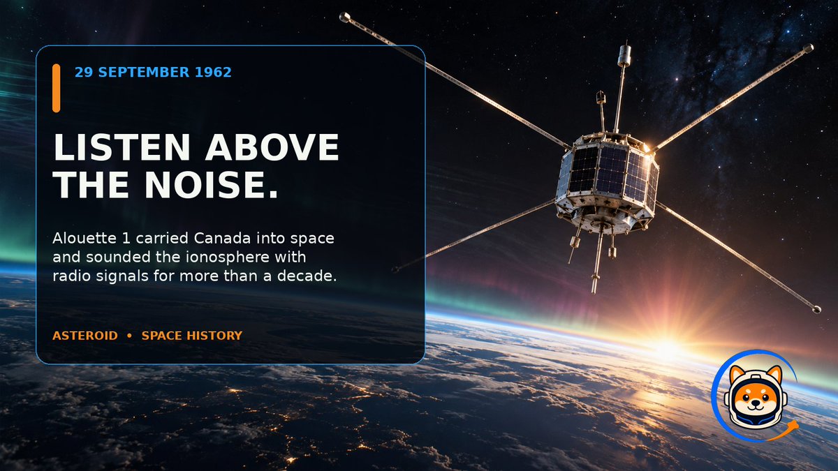 asteroid_xrpl's tweet photo. LISTEN ABOVE THE NOISE.
On 29 September 1962, Alouette 1 launched as Canada’s first satellite. Its radio sounder studied the ionosphere and kept returning data for more than a decade.
Clear signals reveal what others miss.
#SpaceHistory #Alouette1 #asteroid #xrplmemes $XRP https://t.co/SkBsA6Fmyq