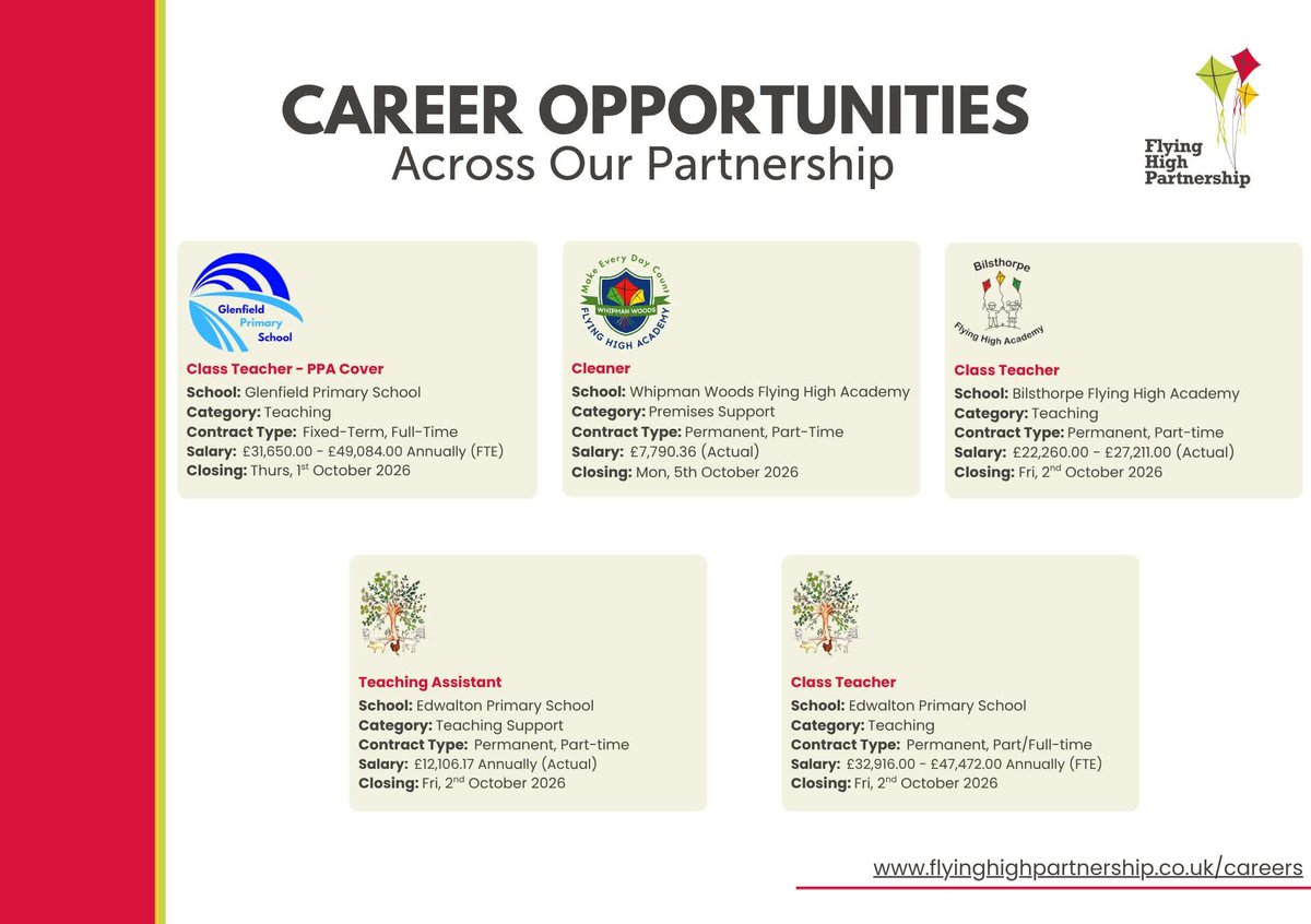 FlyingHighTrust's tweet photo. Looking for a role where you can make a real difference?🌱

We're recruiting across Flying High Trust and would love to hear from passionate people ready for their next opportunity.

Explore our latest vacancies👇
#EducationJobs #FlyingHighTrust #CareersInEducation #Recreuitment https://t.co/FcqKxscmUp