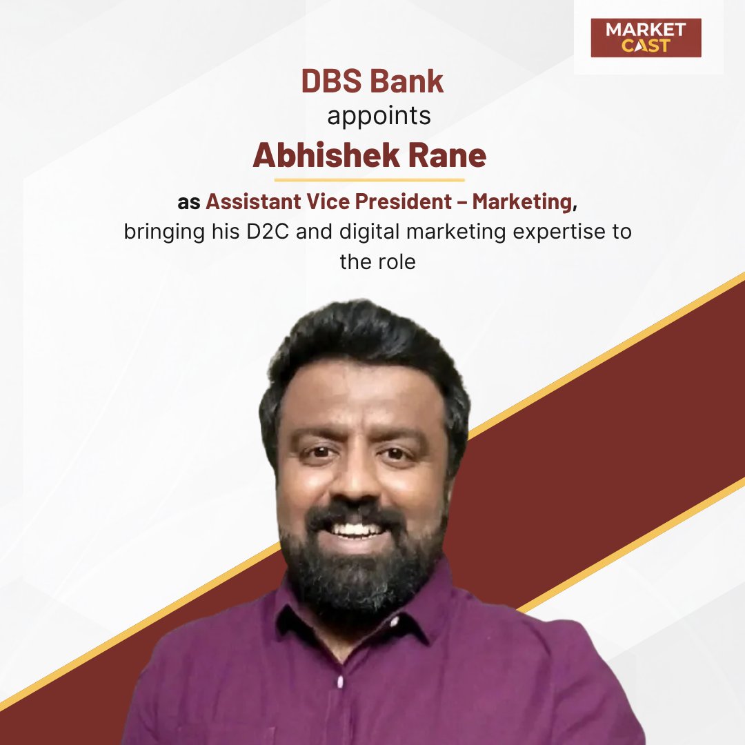 MarketCastIn's tweet photo. Abhishek Rane joins DBS Bank as Assistant Vice President – Marketing, taking on a key role across the bank’s marketing initiatives. @dbsbank 

#DBSBank #AbhishekRane #Marketing #PeopleMovement #MarketCast https://t.co/YdDMNipGqE