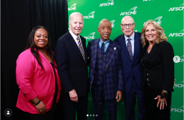 BidenActivities's tweet photo. President Biden spoke yesterday at the retirement celebration for Lee Saunders, Int. Pres. of the AFSCME, held at the Howard Theatre in Washington. He met with Reverend Sharpton; Schumer and Pelosi spoke at the event, while Rep. Jeffries and Sec. Clinton addressed via video link. https://t.co/zhawF2AglZ
