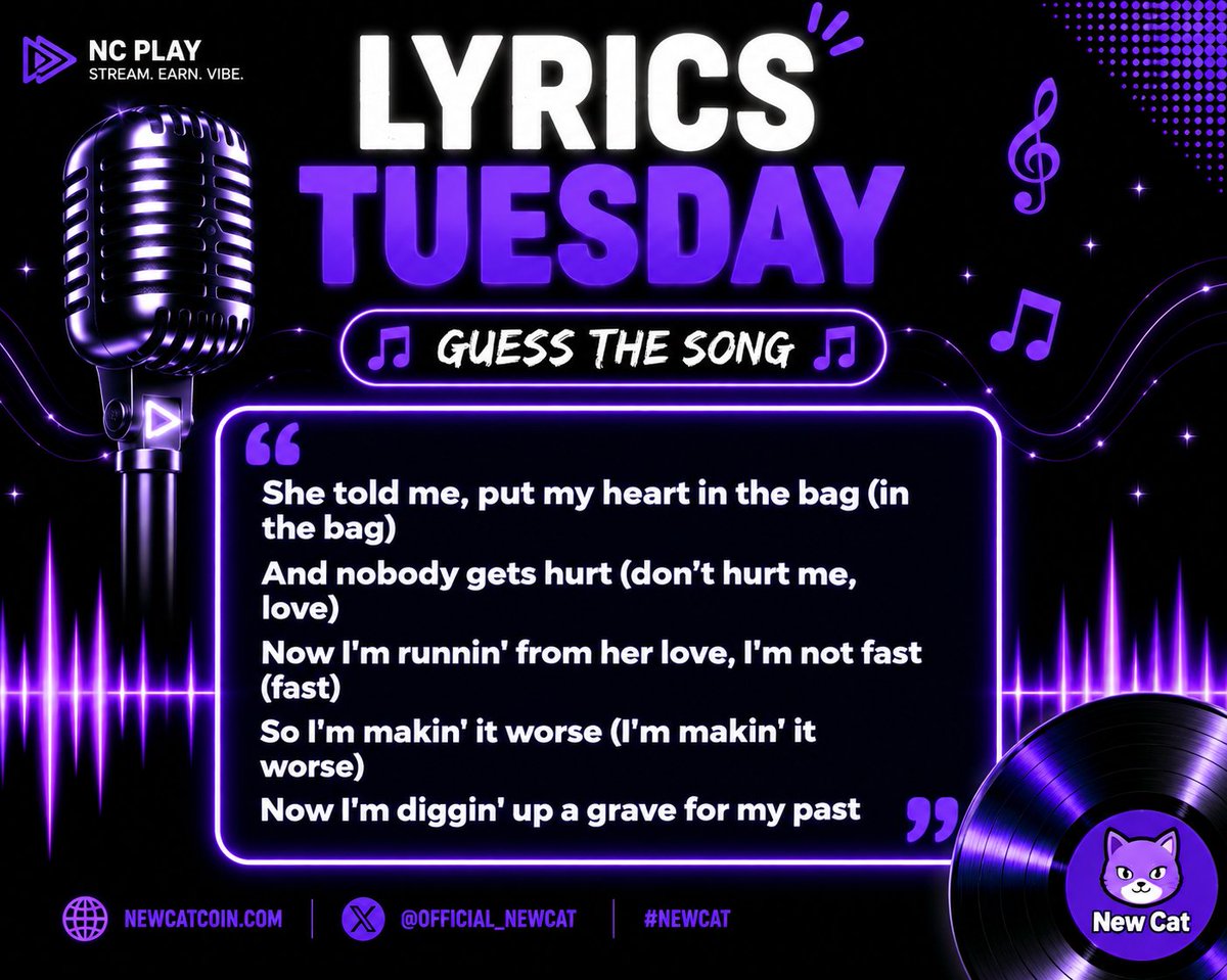 Official_NewCat's tweet photo. Lyrics Tuesday is here again!

Can you guess the song and artist? 👀

Drop your answer in the comments. 🤍💜 https://t.co/3gOaQuYip3